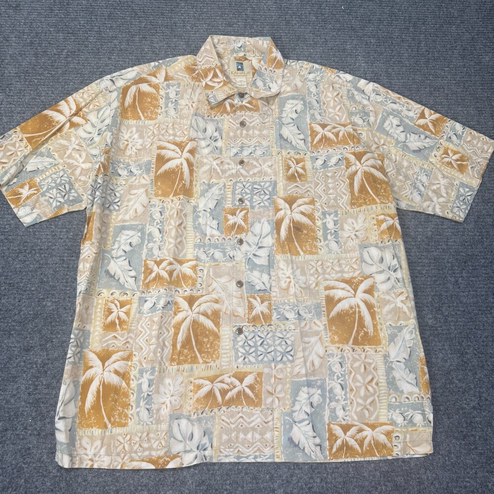 Kahala Hawaiian Shirt Mens Large Beige Palm Tree Cotton Short Sleeve Aloha